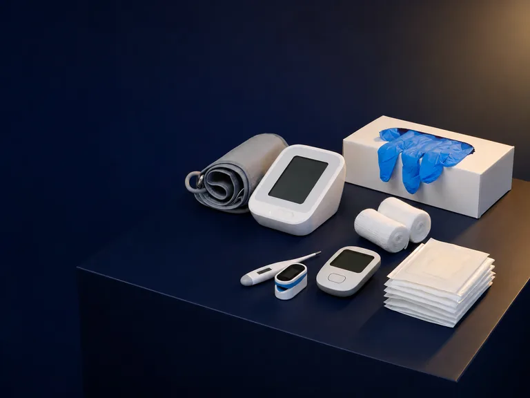 Example medical supplies: a blood pressure monitor and cuff, a thermometer, a pulse oximeter, a glucose meter, examination gloves, gauze rolls and dressing packs.